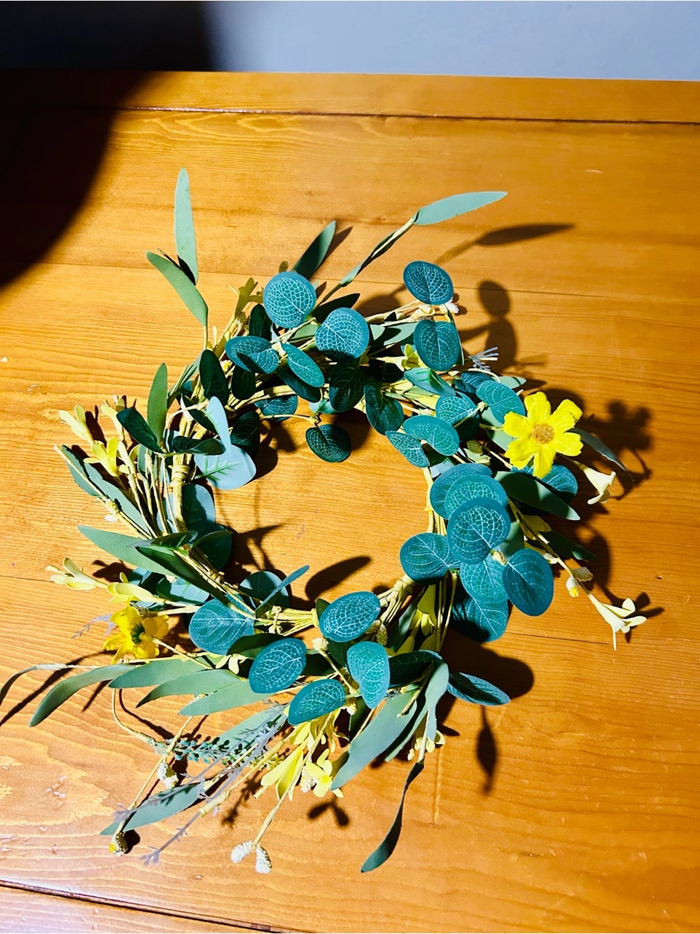 (3/$10) Green Eucalyptus and Yellow Flower Decorative Wreath - Home Accents